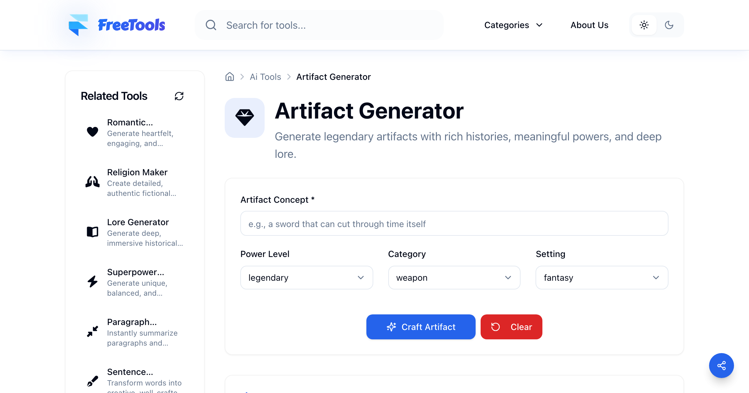 Artifact Generator - Free Online Tool | Free Tools