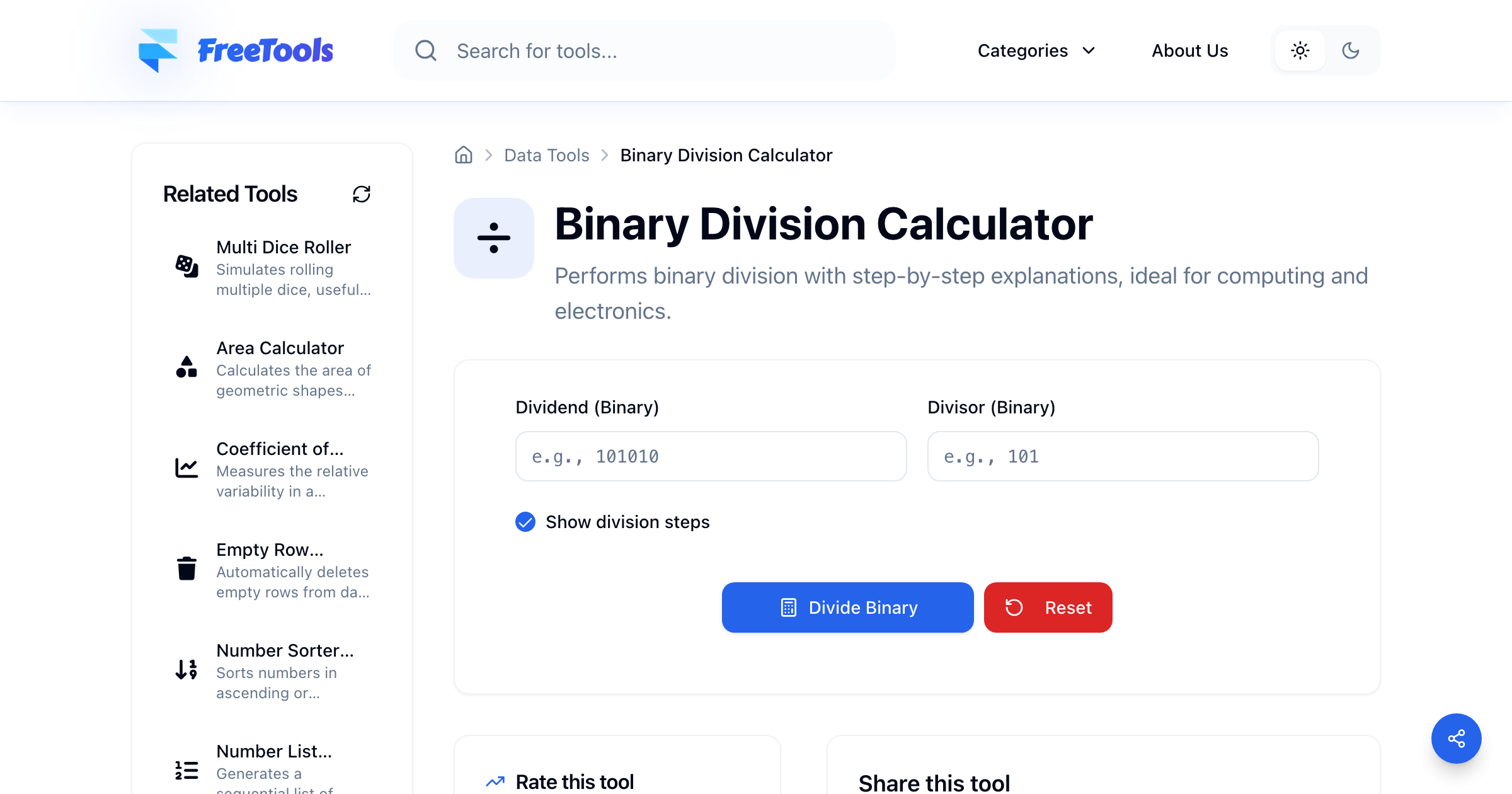 Binary Division Calculator - Free Online Tool | Free Tools